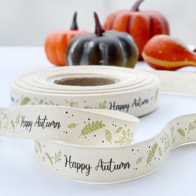 Cotton ribbon, happy autumn, 1.5 cm / 50 meters - 1