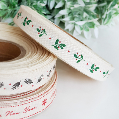 Cotton ribbon, holly, 1.5 cm / 50 meters - 1