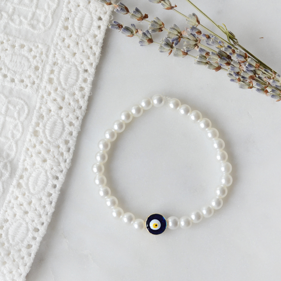 Navy blue round evil eye pearl bracelet 5 pieces - 1