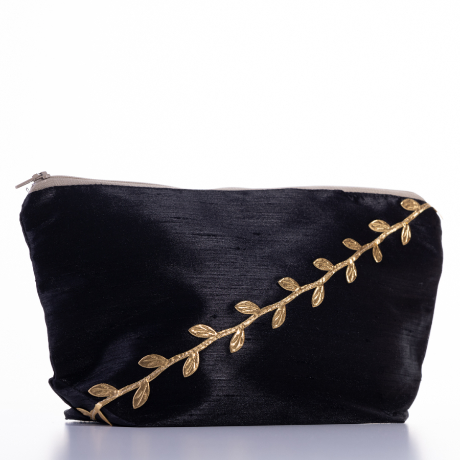 Ottoman silk makeup bag with leaf decoration, black - 1