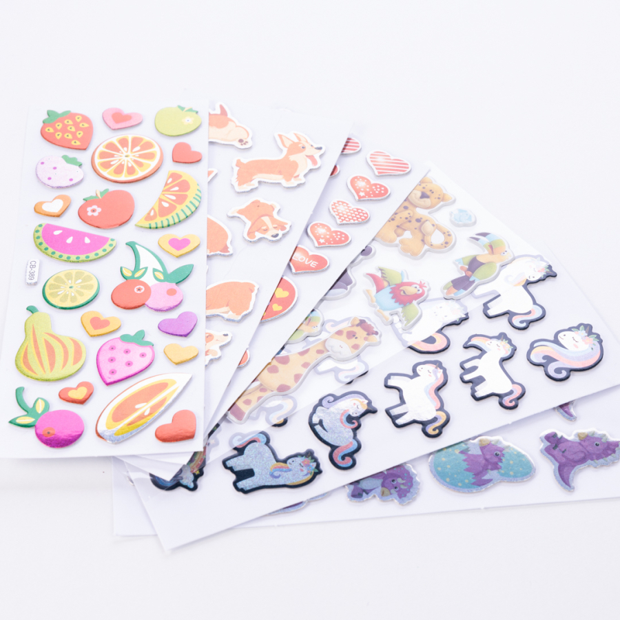 6 pcs mixed embossed adhesive stickers, colorful fruits, cute dog - 1