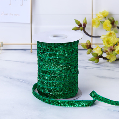 Glitter velvet ribbon, green, 1 cm / 5 metres - 1