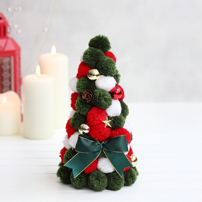 Miniature Christmas pine tree with pompoms in mixed colours, 22 cm - 1