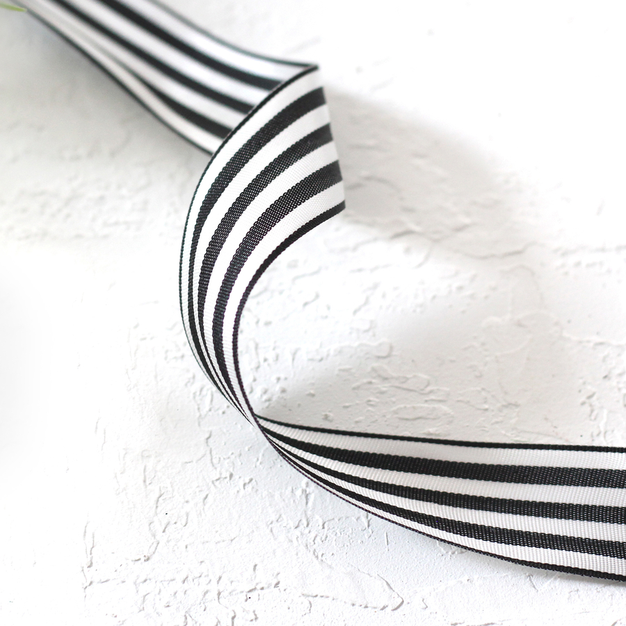 Black and white striped taffeta ribbon, 10 metres / 25 mm - 1