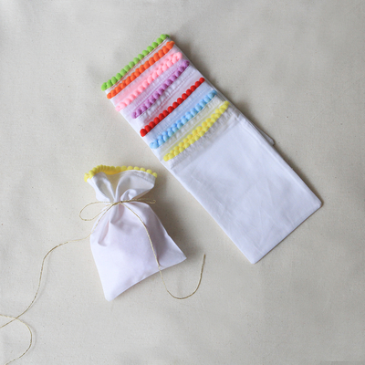 White fabric pouch with yellow pompom, 10x15 cm / 10 pcs - 1