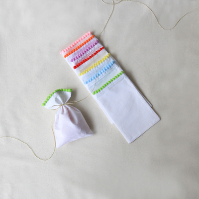 White fabric pouch with green pompom, 10x15 cm / 10 pcs - 1