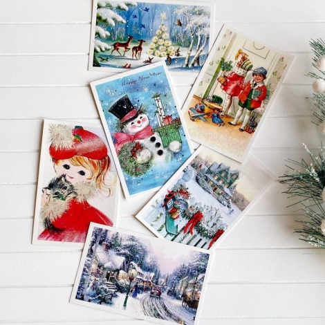 Glitter postcard, Christmas, snowman / Set (6 pcs) - Bimotif