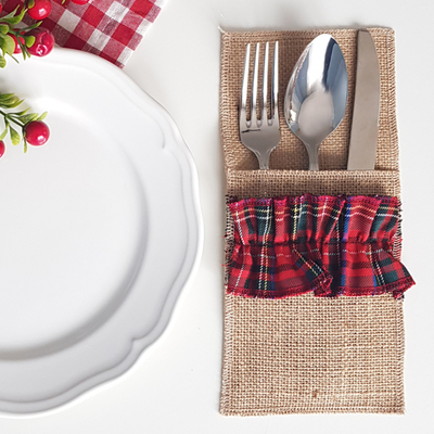 Red woven tartan cutlery cover, 10x22 cm / 4 pcs - 2