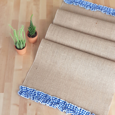 Gingham ruffled jute runner, blue / 45x150 cm - 1