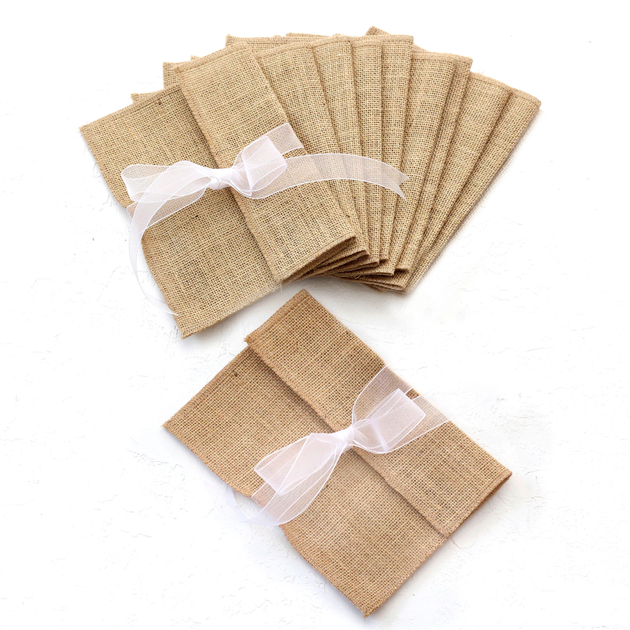 Jute envelope with white ribbon, 14x19 cm / 10 pcs - 1