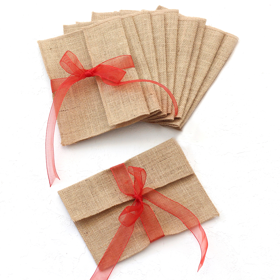 Jute envelope with red ribbon, 14x19 cm / 10 pcs - 1