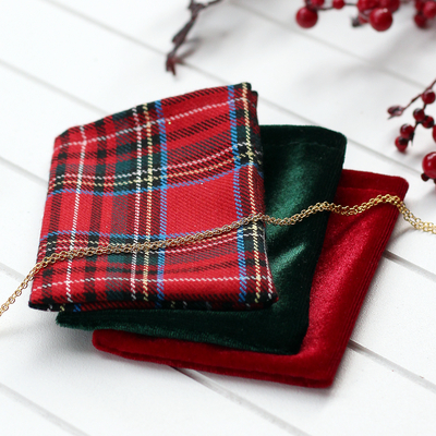 Christmas fabric jewellery pouch (7x10 cm) / Plaid (10 pcs) - 2