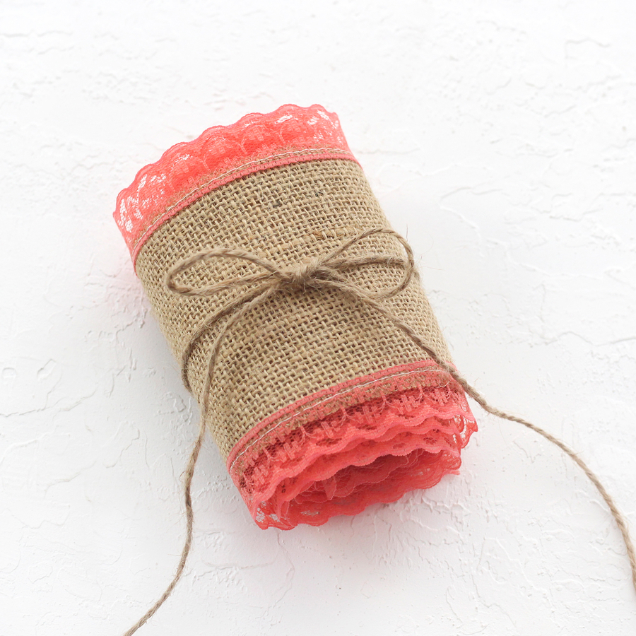 Jute ribbon, edge lace, 2 metres / Coral - 1