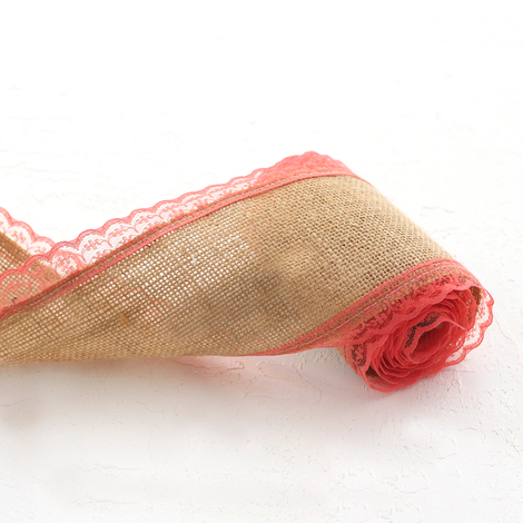 Jute ribbon, edge lace, 2 metres / Coral - 2