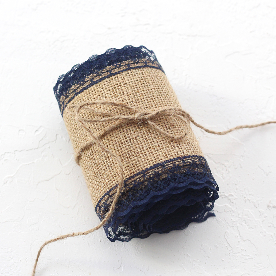 Jute ribbon, edge lace, 2 metres / Navy blue - 1