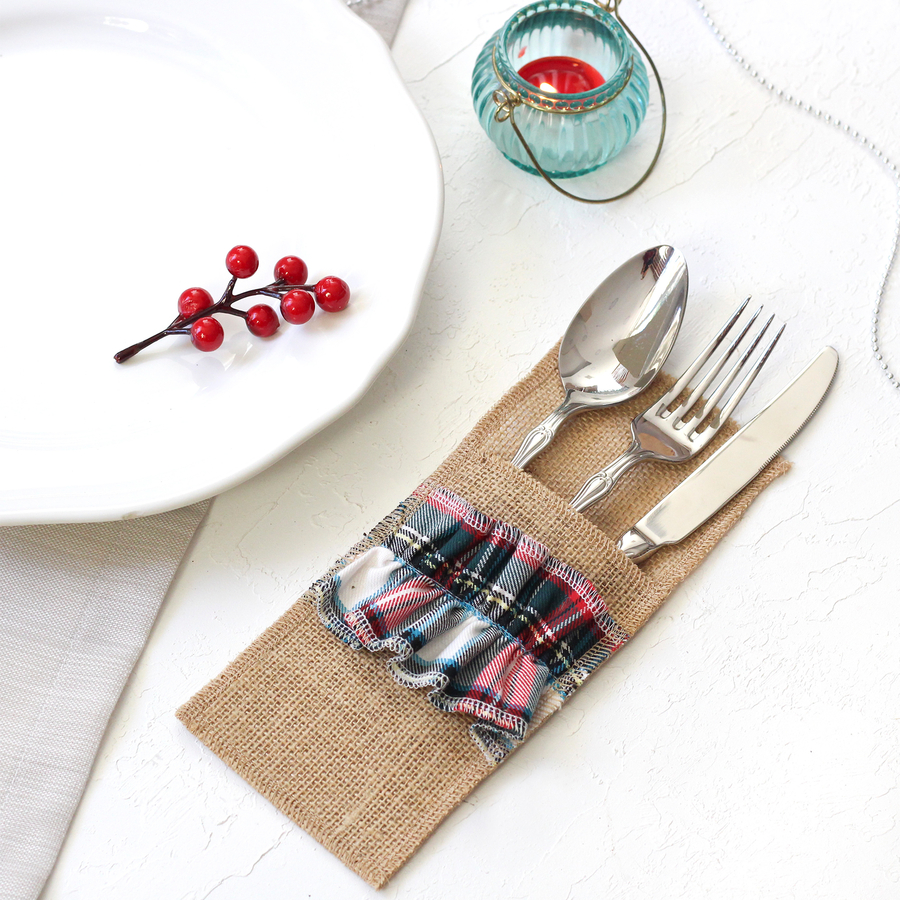 Green and white woven plaid cutlery cover, 10x22 cm / 4 pcs - 3