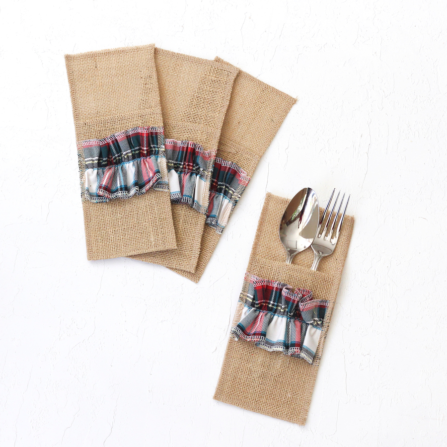 Green and white woven plaid cutlery cover, 10x22 cm / 4 pcs - 2