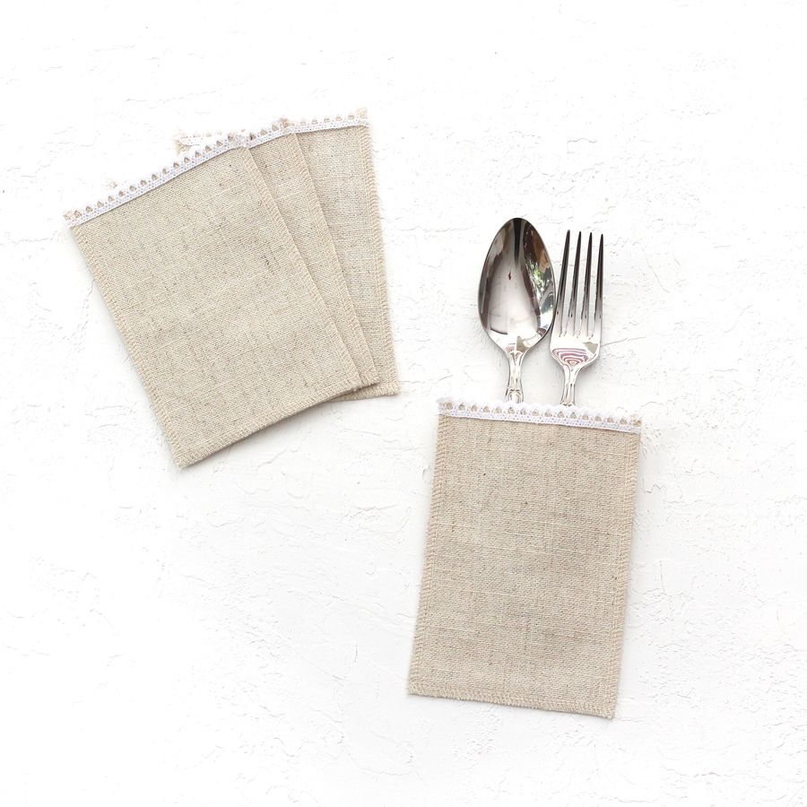 Poly-linen cutlery service with white lace edge, 10x15 cm / 4 pcs - 2