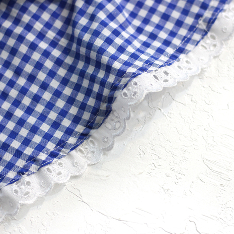 Blue chequered fabric, round tablecloth with scalloped edge / 160 cm - 2