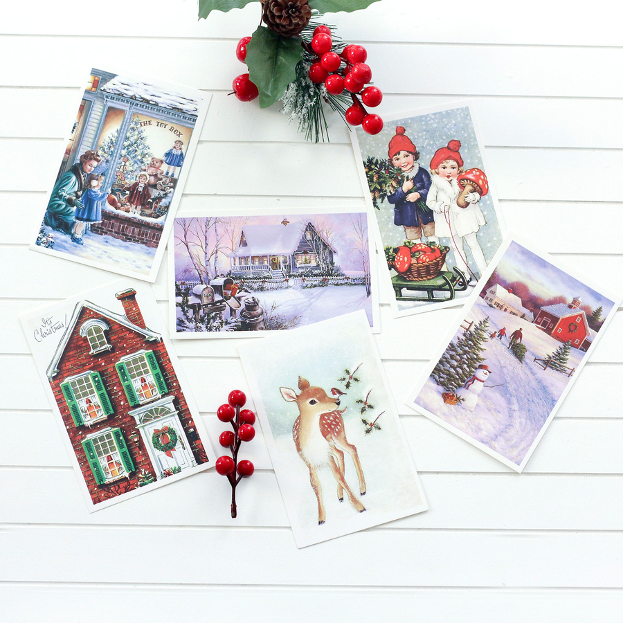 Postcard, Christmas, red house / 6 pcs - 1