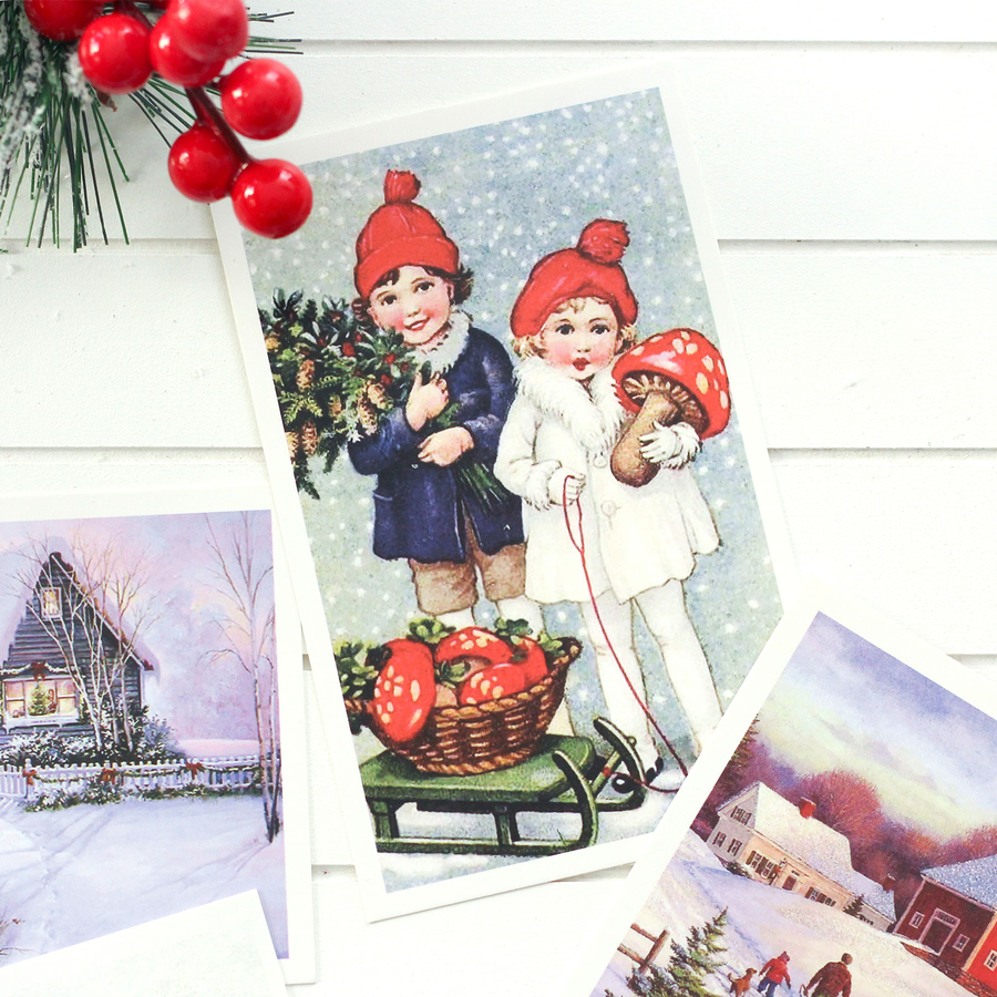 Postcard, Christmas, red house / 6 pcs - 6