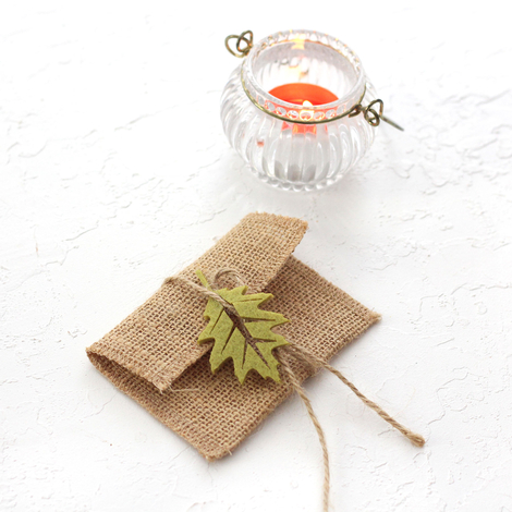 Small jute envelope with felt leaves, 7x10 cm / Green (5 pcs) - 4