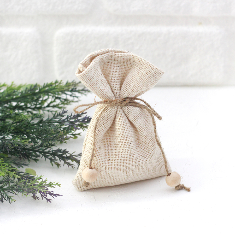 Natural pouch, with beaded jute string / 10x15 cm (3 pcs) - 1