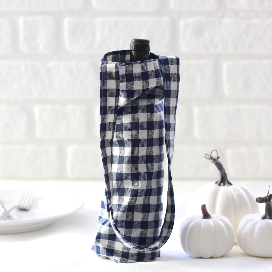 Navy blue checked woven fabric wine bottle bag - 1