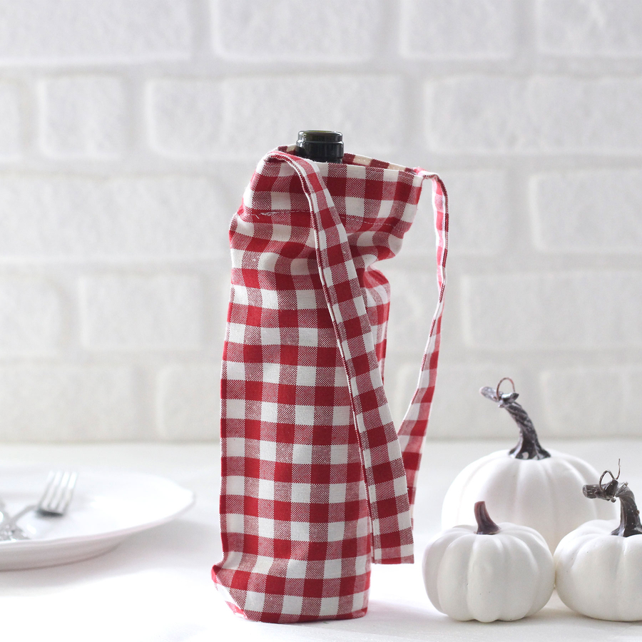 Red checked woven fabric wine bottle bag, 14x34 cm - 1