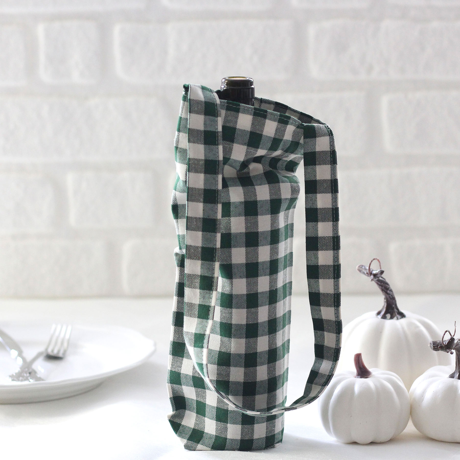 Green checked woven fabric wine bottle bag, 14x34 cm - 1