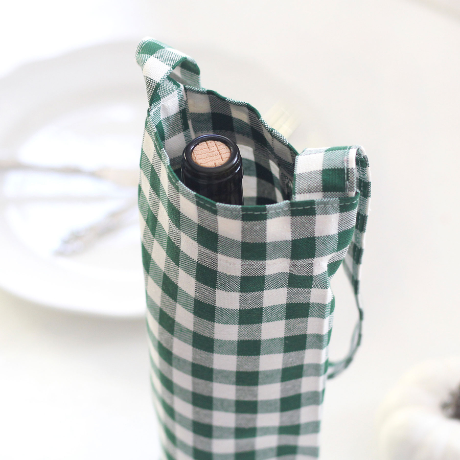 Green checked woven fabric wine bottle bag, 14x34 cm - 2