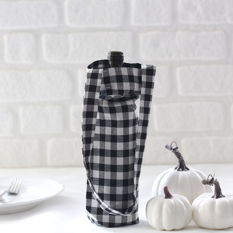 Black checked woven fabric wine bottle bag, 14x34 cm - Bimotif