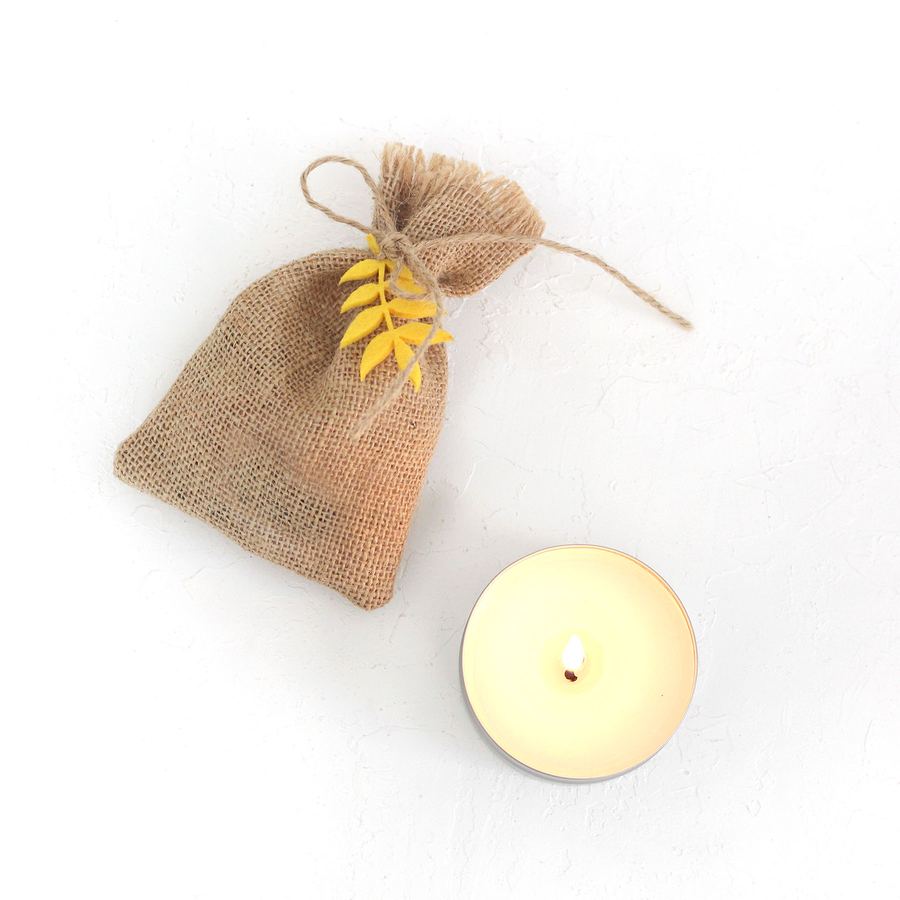 Jute pouch with felt leaf tassels, 10x15 cm / Yellow (5 pcs) - 4