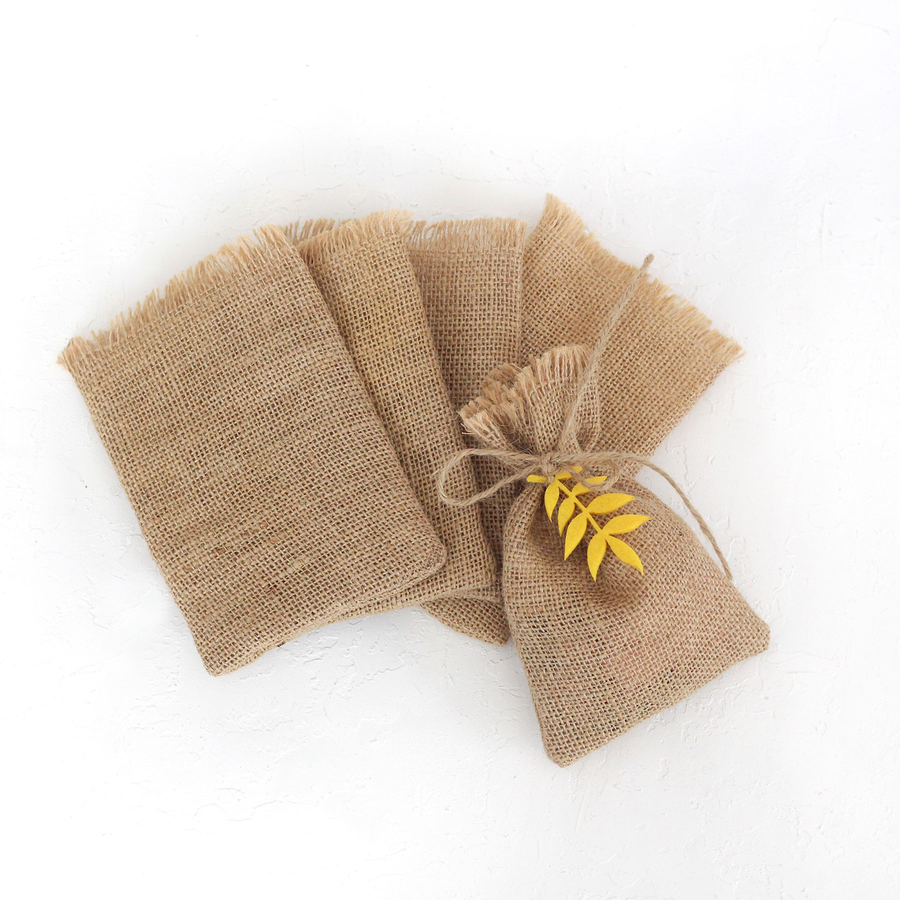 Jute pouch with felt leaf tassels, 10x15 cm / Yellow (5 pcs) - 2