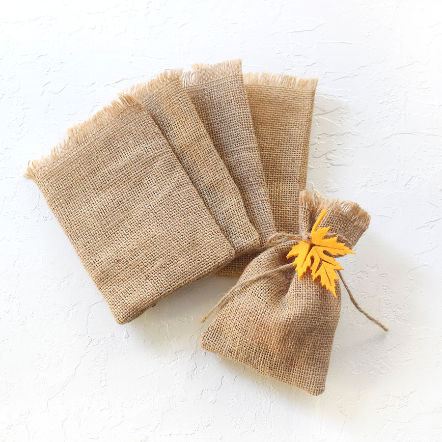 Jute pouch with felt leaf tassels, 10x15 cm / Orange (5 pcs) - 2