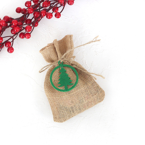 Felt pine decorated flat jute pouch, 10x15 cm / Green (5 pcs) - 4