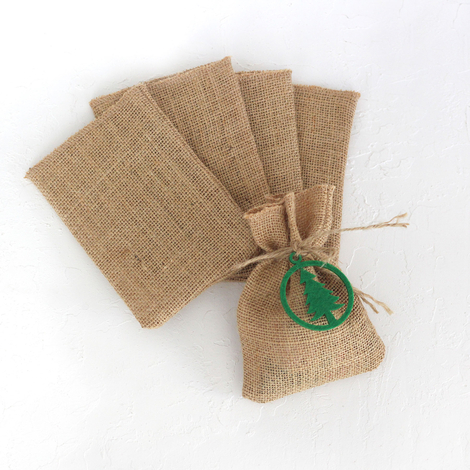 Felt pine decorated flat jute pouch, 10x15 cm / Green (5 pcs) - 2