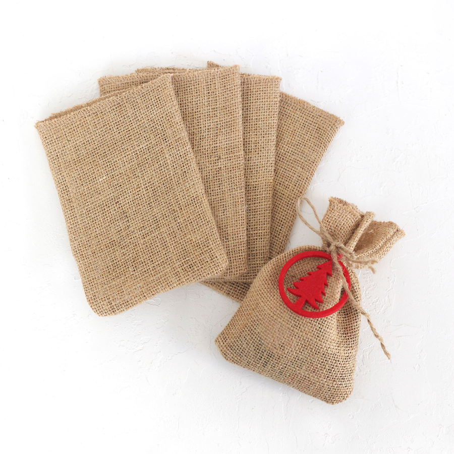 Felt pine decorated flat jute pouch, 10x15 cm / Red (5 pcs) - 2