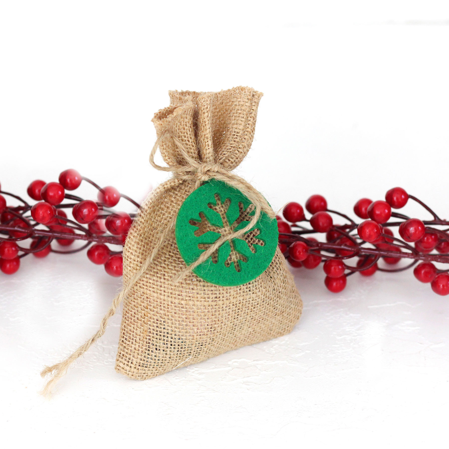 Round felt snowflake decorated flat jute pouch, 10x15 cm / Green (5 pcs) - 1