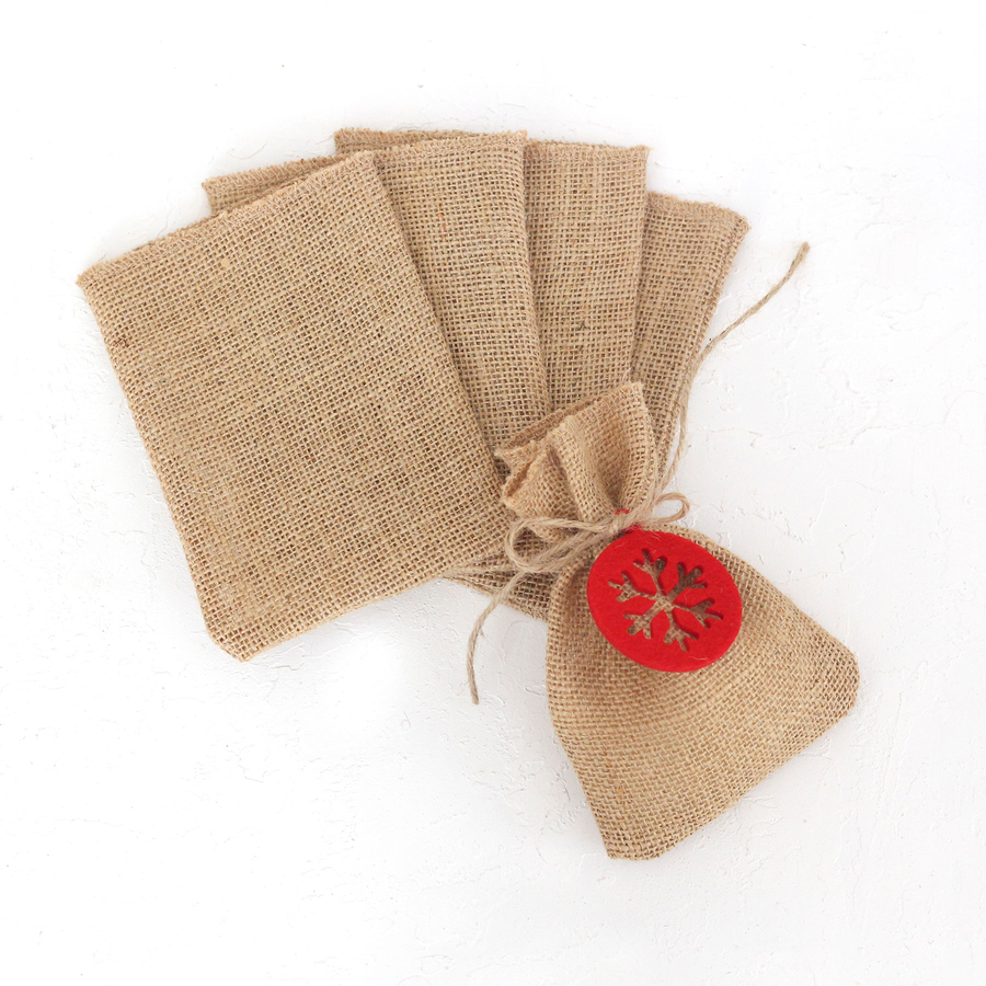 Round felt snowflake decorated flat jute pouch, 10x15 cm / Red (5 pcs) - 2