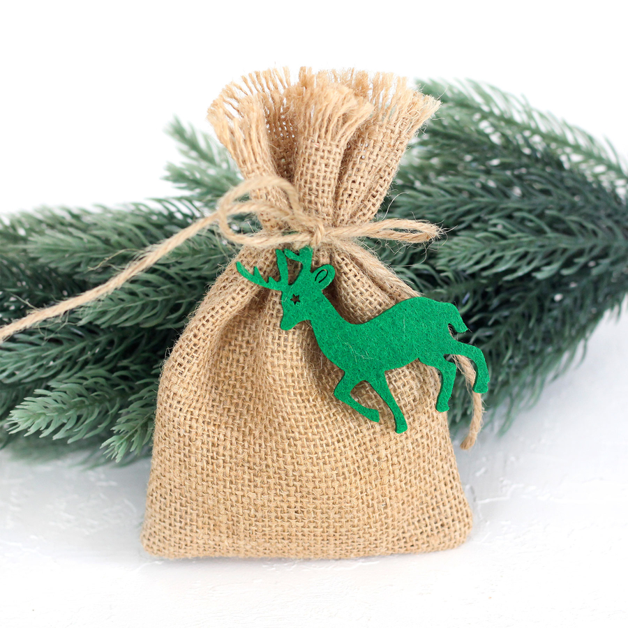 Tasselled jute pouch with felt deer, 10x15 cm / Green (5 pcs) - 1