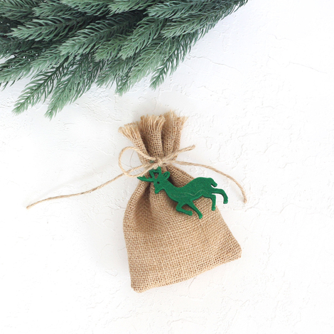 Tasselled jute pouch with felt deer, 10x15 cm / Green (5 pcs) - 4