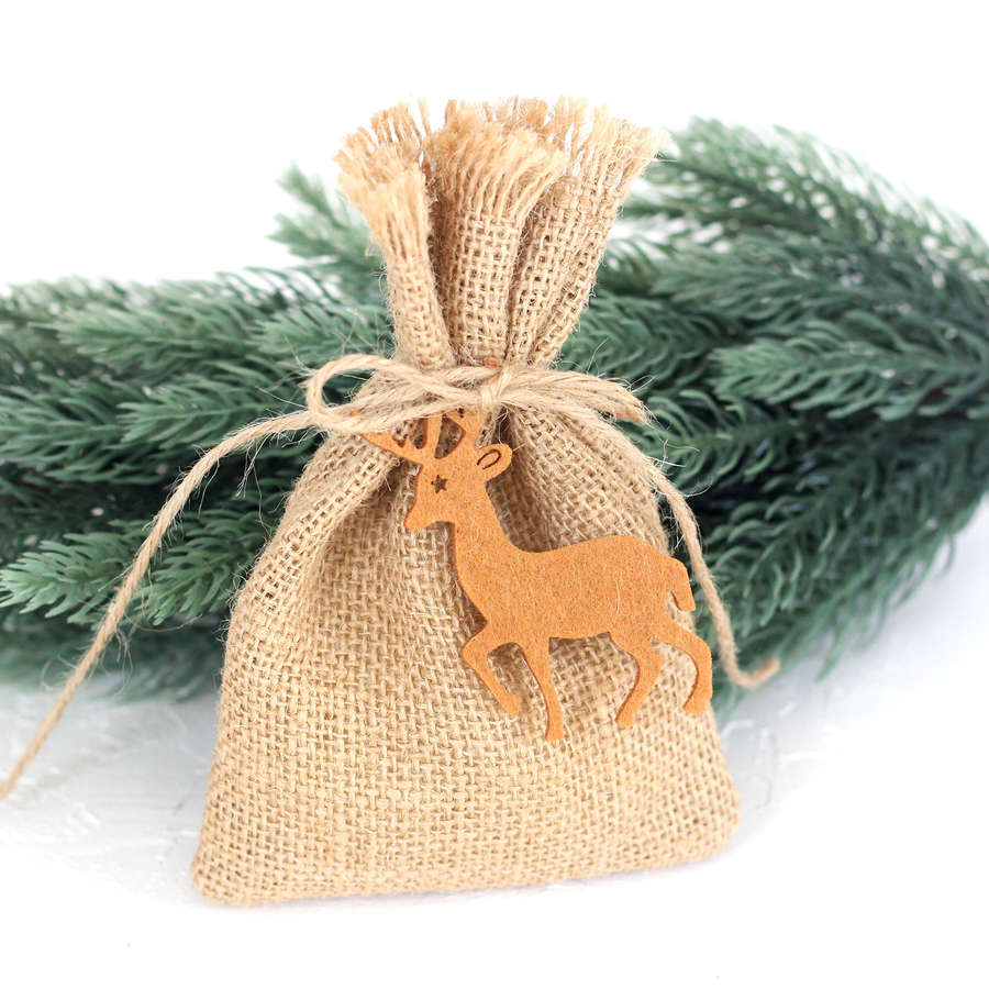 Felt jute pouch with deer, 10x15 cm / Coffee (5 pcs) - 1