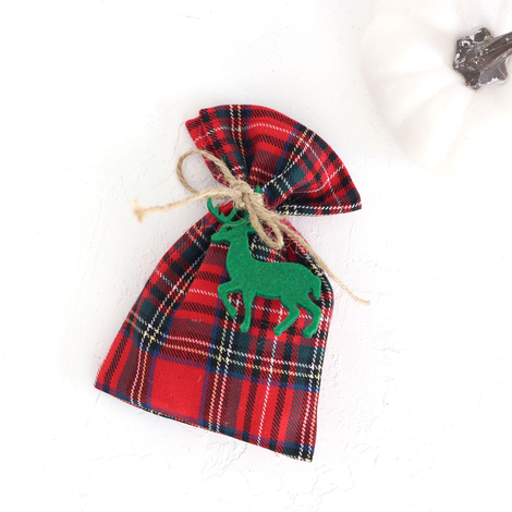 Green felt plaid fabric pouch with deer ornament, 10x15 cm / 5 pcs - 4