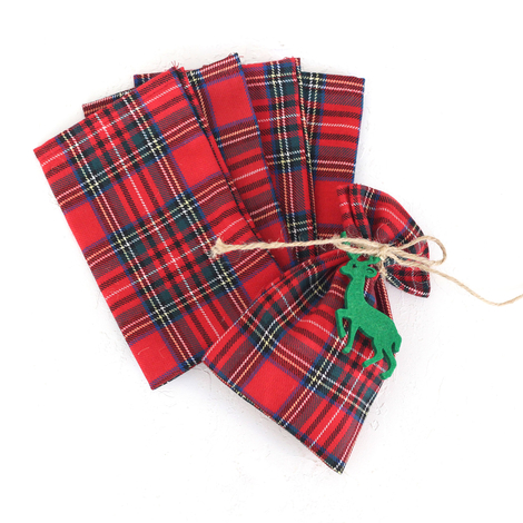 Green felt plaid fabric pouch with deer ornament, 10x15 cm / 5 pcs - 2