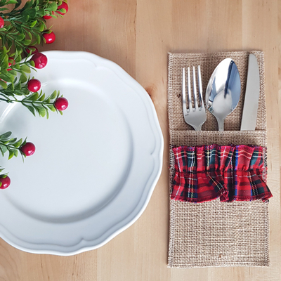 Red woven tartan cutlery cover, 10x22 cm / 12 pcs - 1