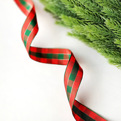 Glittered plaid ribbon Christmas, green in the middle, 25 mm / 2 metres - 1