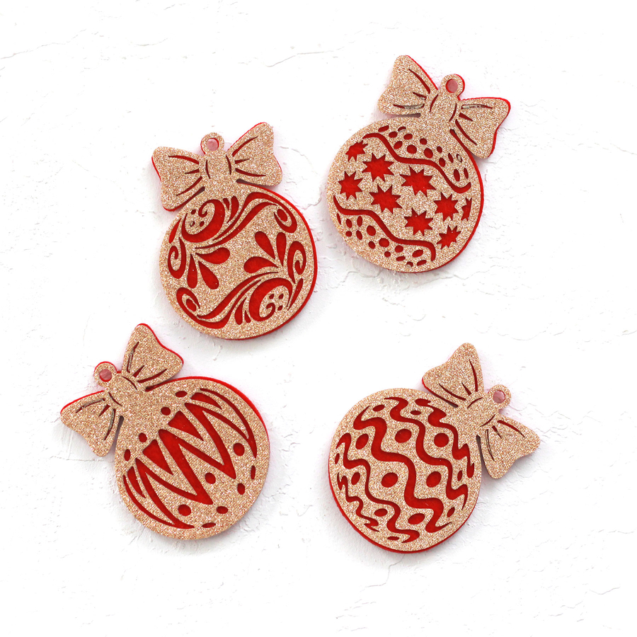 Red felt ornament ball with gold glitter, floral / 4 pcs - 4