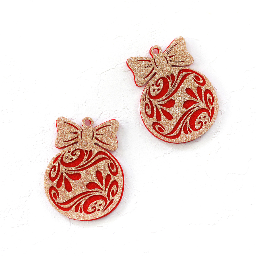 Red felt ornament ball with gold glitter, floral / 4 pcs - 3