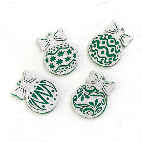 Green felt ornament ball with silver glitter, wave / 2 pcs - 4